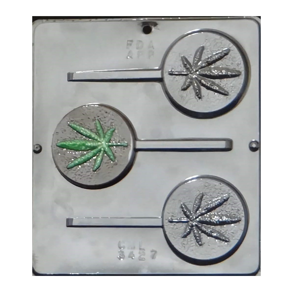Circular lollipop chocolate mold featuring a detailed cannabis leaf design, used for making marijuana-themed edible suckers for novelty or themed events.