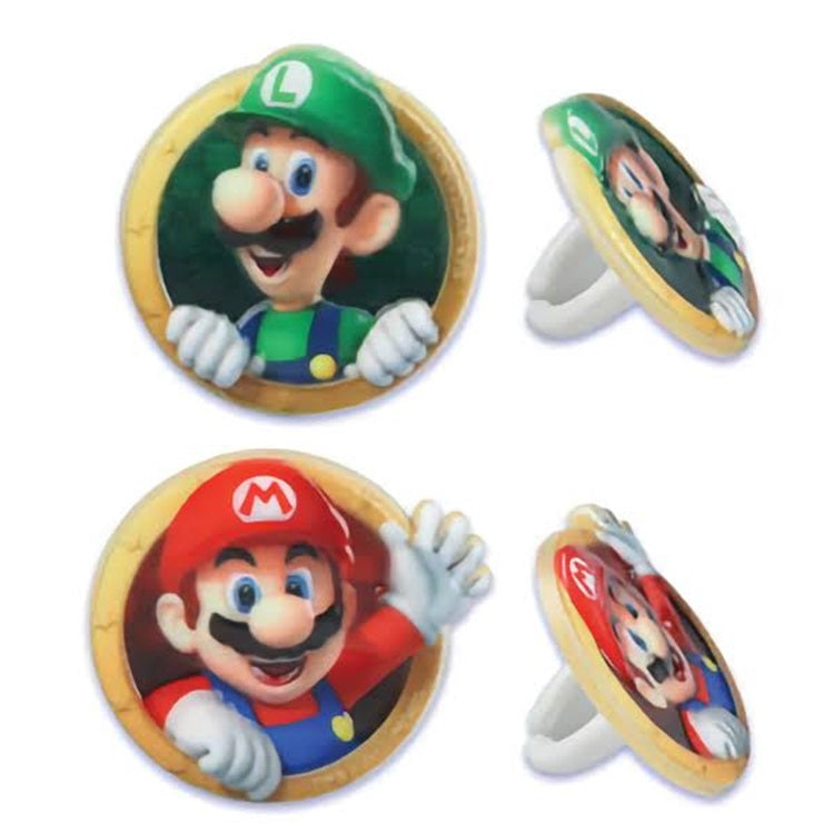 Mario Brothers cupcake topper rings featuring Mario and Luigi, great for video game-themed parties and treats. Jump into fun with our baking decorations at Lynn's Cake, Candy, and Chocolate Supplies.