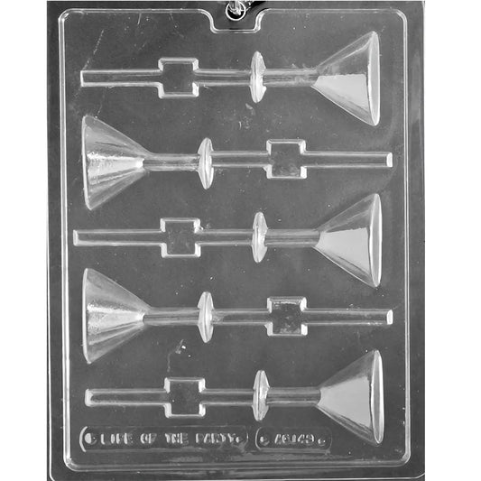 Clear plastic martini glass chocolate lollipop mold photographed on a dark background, showing five martini-shaped cavities with built-in stick channels and stem details.