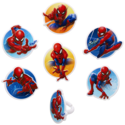Six Spider-Man cupcake rings with colorful round backgrounds in blue and yellow, each showing Spider-Man in a different action pose, on a white background with one ring shown from the side.