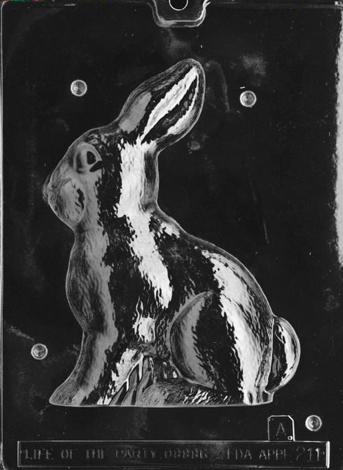 Left side chocolate mold of a front-facing bunny in a seated position, with upright ears and detailed paws.