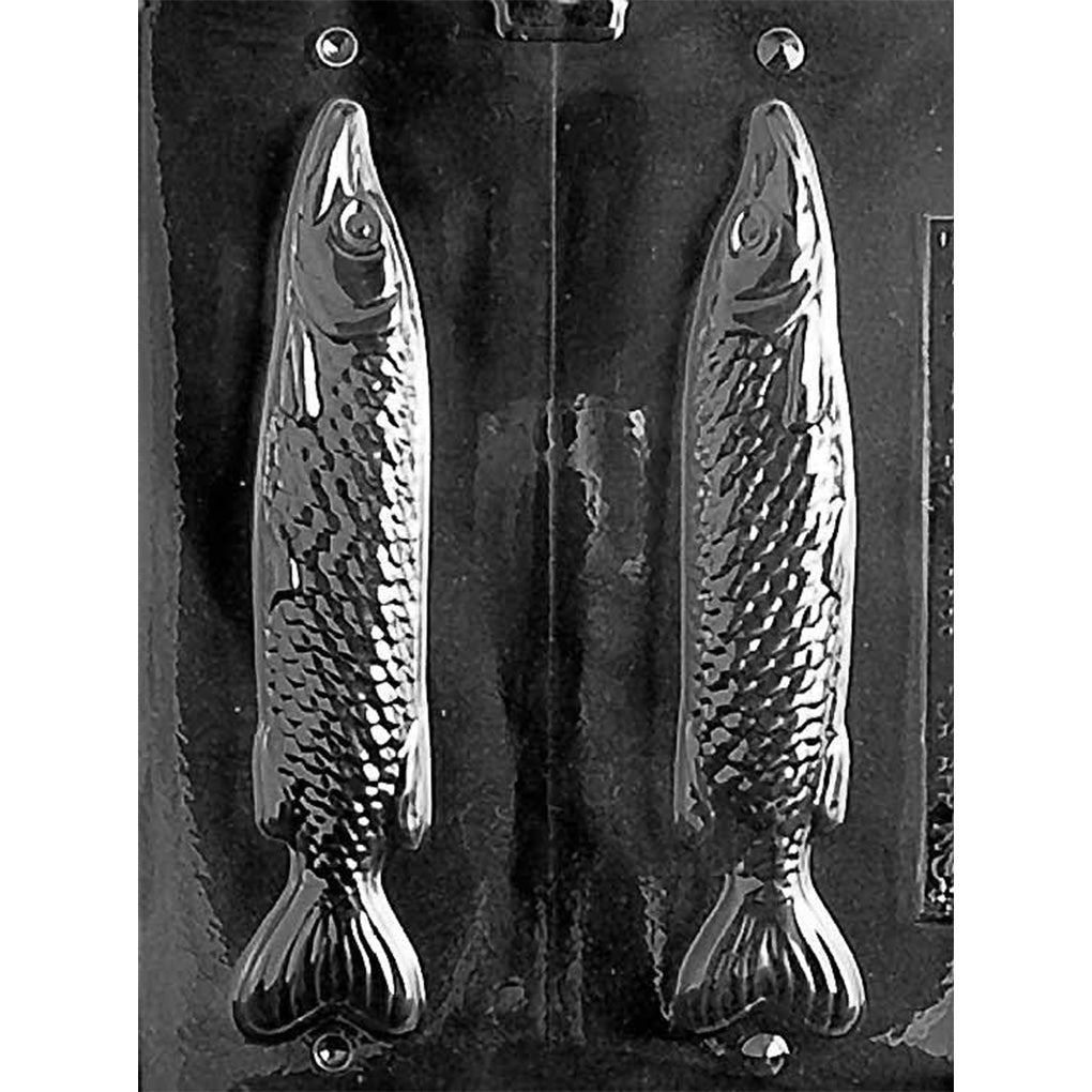 Clear Medium Pike Fish 3D Chocolate Mold photographed against a black background with two matching fish halves featuring detailed scales, fins, eyes, and tails.