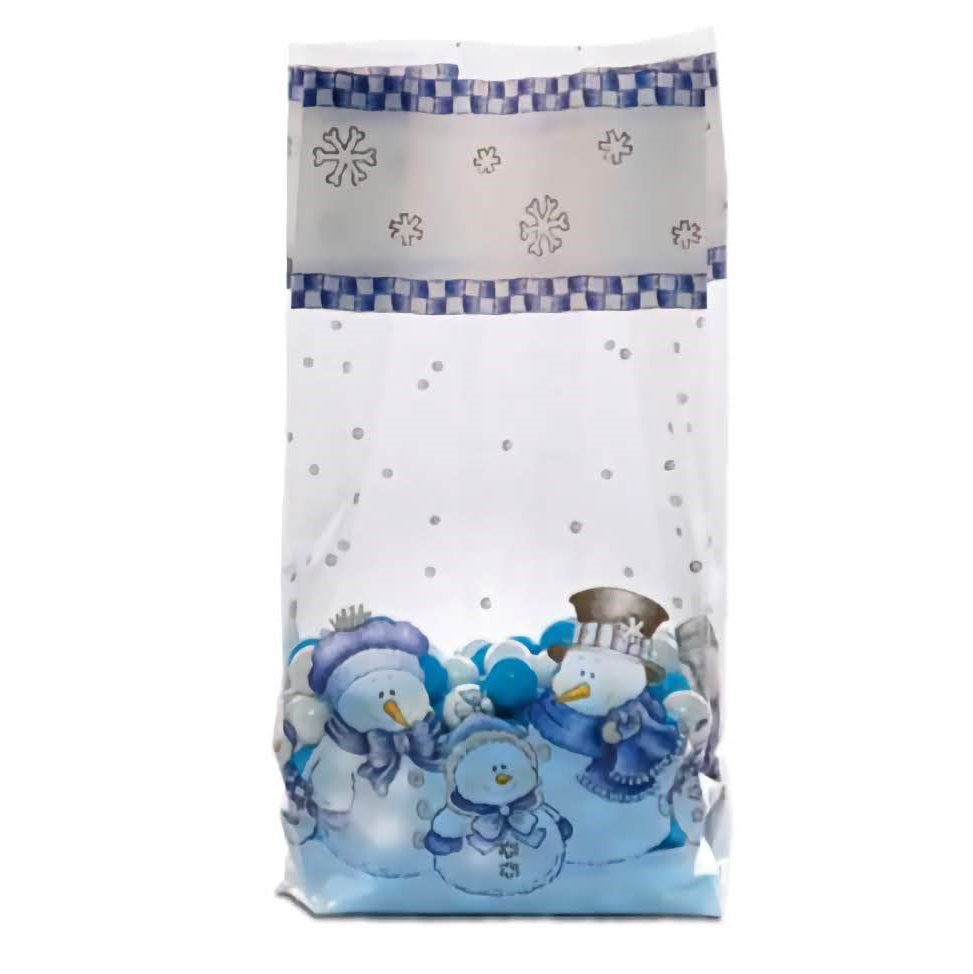 A small 'Meet the Kringles' themed cellophane treat bag, with a charming illustration of a snowman family dressed in blue and white at the bottom. Above the snowman family, the bag has a decorative band featuring white snowflakes on a grey stripe bordered by a blue gingham pattern. The upper portion of the bag is clear with white snowflake accents, perfect for showcasing the treats inside against a snowy backdrop.
