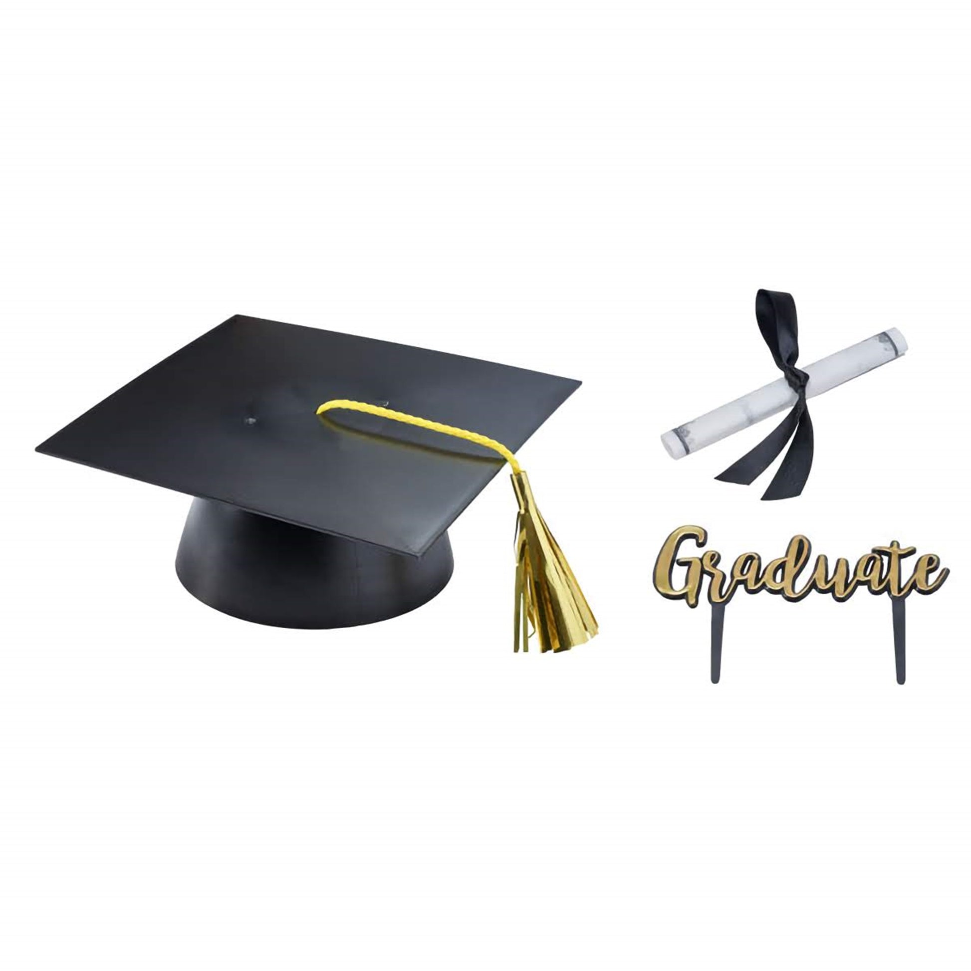 Set of graduation cake decorations featuring a large, flat, black mortarboard with a yellow tassel, a rolled diploma with a black ribbon, and a golden 'Graduate' text topper, perfect for adorning a graduation-themed cake.