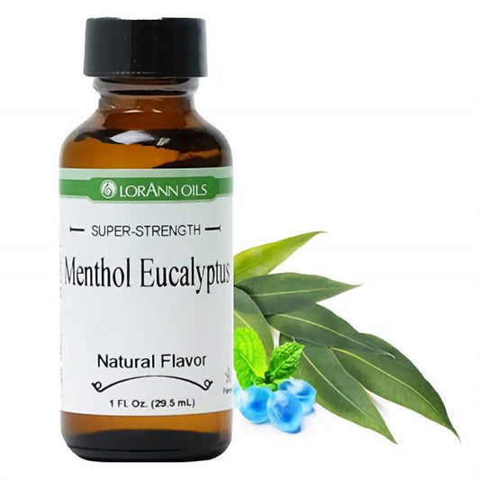 LorAnn Oils Super Strength Menthol Eucalyptus Natural Flavor in a 1 fl oz bottle, displayed with eucalyptus leaves and menthol crystals, suggesting a refreshing and cooling flavor.