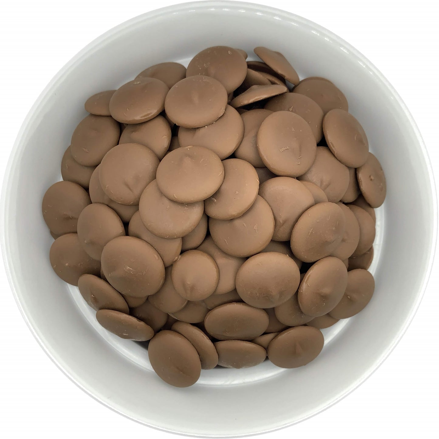 Merckens Cocoa Lite Milk Chocolate Melting Wafers in a white bowl, showcasing their smooth, creamy texture perfect for molding and dipping confections.