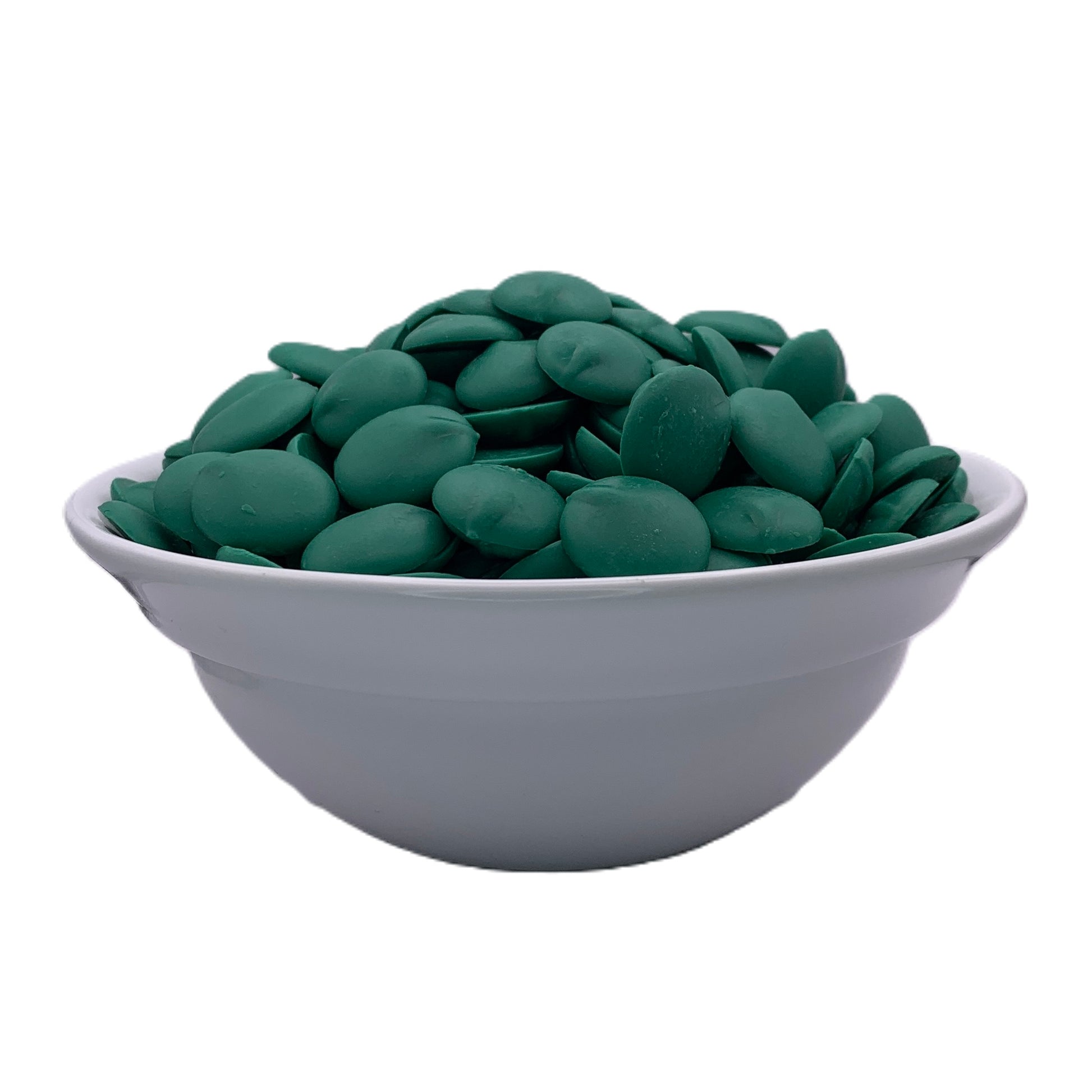 Bowl of Merckens dark green chocolate melting wafers, shown from the front, featuring a deep green color suitable for festive treats or themed party favors.