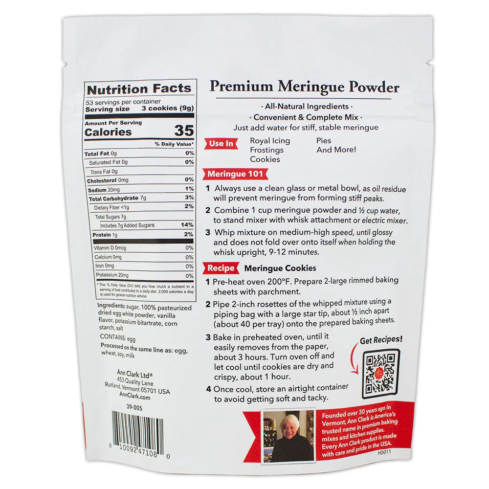 Back of Ann Clark meringue powder pouch showing nutrition facts, ingredients, and usage instructions.