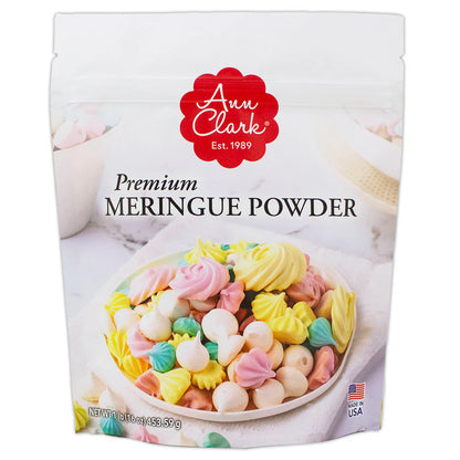 Front of Ann Clark Premium Meringue Powder pouch with colorful meringue cookies in a bowl.