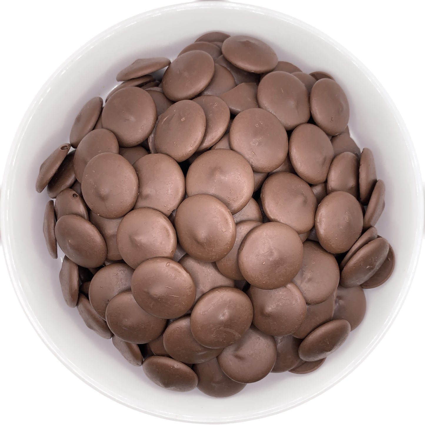 Merkens Cocoa Dark Chocolate Confectionery Melting Wafers contained in a white bowl, highlighting the rich, deep color and smooth finish suitable for gourmet homemade chocolates.