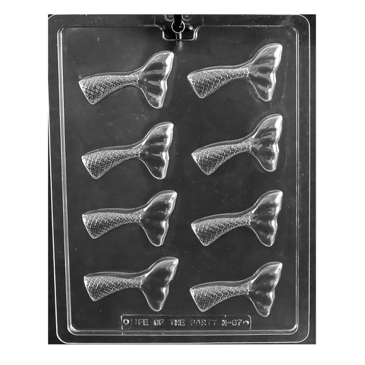 Clear plastic chocolate mold sheet with eight small mermaid tail cavities arranged in two columns; each tail shows fine scale texture and flared, rippled fins, alternating left and right orientation; suitable for candy or chocolate; each cavity about 2 3/4 x 1 5/8 x 3/8 in; mermaid tail chocolate mold for cupcake toppers and party favors.
