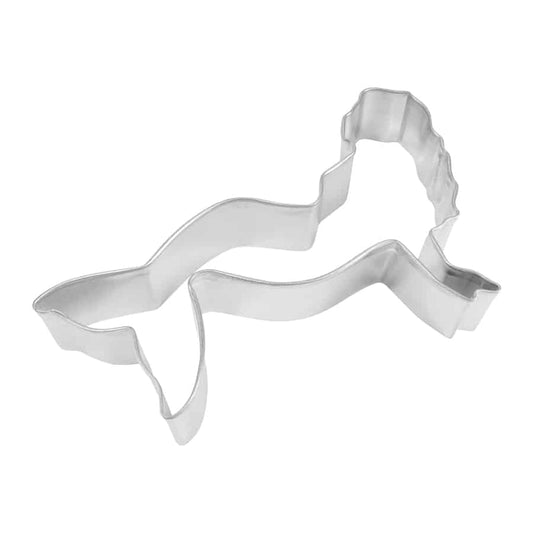 Mermaid-shaped metal cookie cutter, measuring 5 inches long and 3 inches wide, ideal for making mermaid-themed cookies and treats.