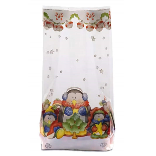 This large cellophane treat bag, named 'Merry Penguins,' showcases a festive design with a cheerful penguin family dressed in holiday attire at the bottom. Above them, the bag is adorned with a border of holly and candy canes, while the main body is clear with subtle stars scattered throughout, ideal for a joyous holiday gift presentation.