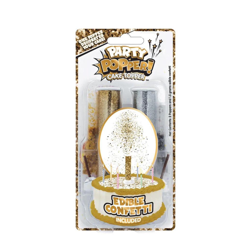 Retail package of Party Popper cake topper set showing two metallic popper tubes (gold and silver) and “edible confetti included” graphics on a glittery label.