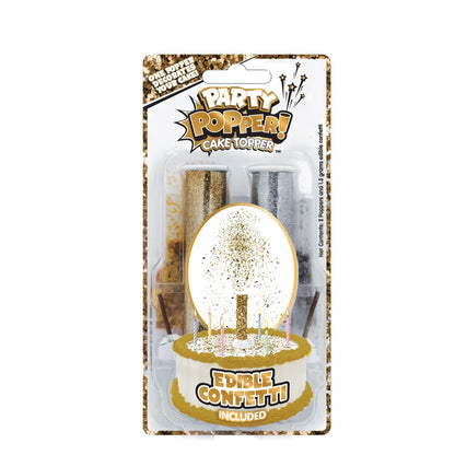 Retail package of Party Popper cake topper set showing two metallic popper tubes (gold and silver) and “edible confetti included” graphics on a glittery label.