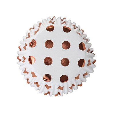 Rose gold polka dot foil-lined cupcake case with white background, viewed from below.