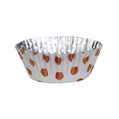 Side profile of rose gold foil polka dot cupcake case showing its depth and metallic inner lining.