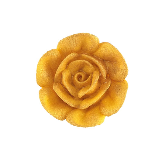 Close-up of a metallic gold royal icing rose with layered petals, arranged in a spiral formation and finished with a shimmering surface.