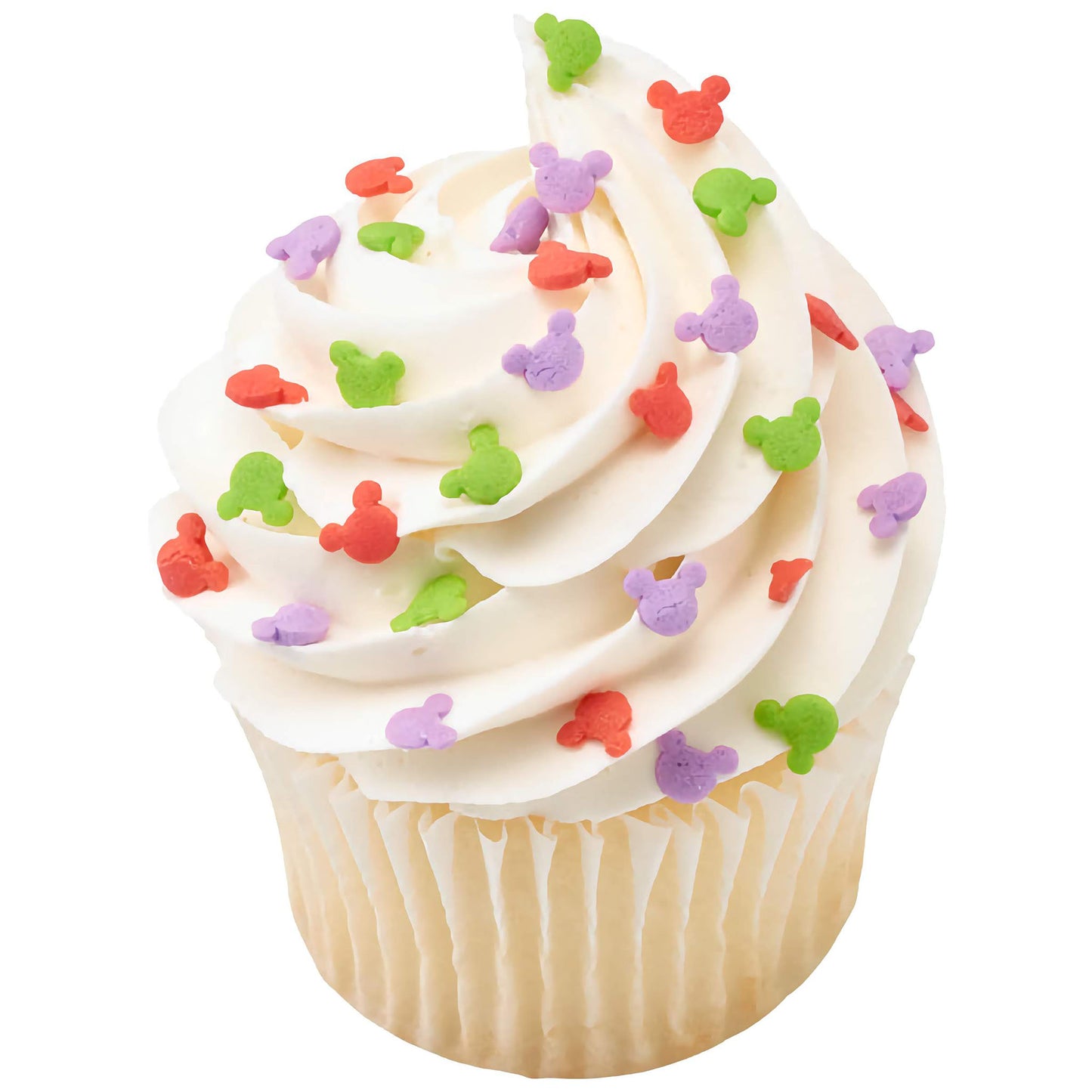 A cupcake with creamy white frosting, sprinkled with Mickey Mouse-shaped quin sprinkles in pastel green, purple, and red, creating a fun and celebratory dessert look.