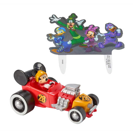 Exciting Mickey and the Roadster Racers cake topper, featuring Mickey Mouse in his racecar accompanied by friends, a perfect finish line touch to a themed cake, available at Lynn's Cake, Candy, and Chocolate Supplies.