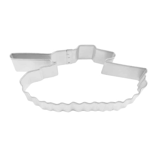 Tank-shaped cookie cutter with a ridged bottom and detailed turret design.