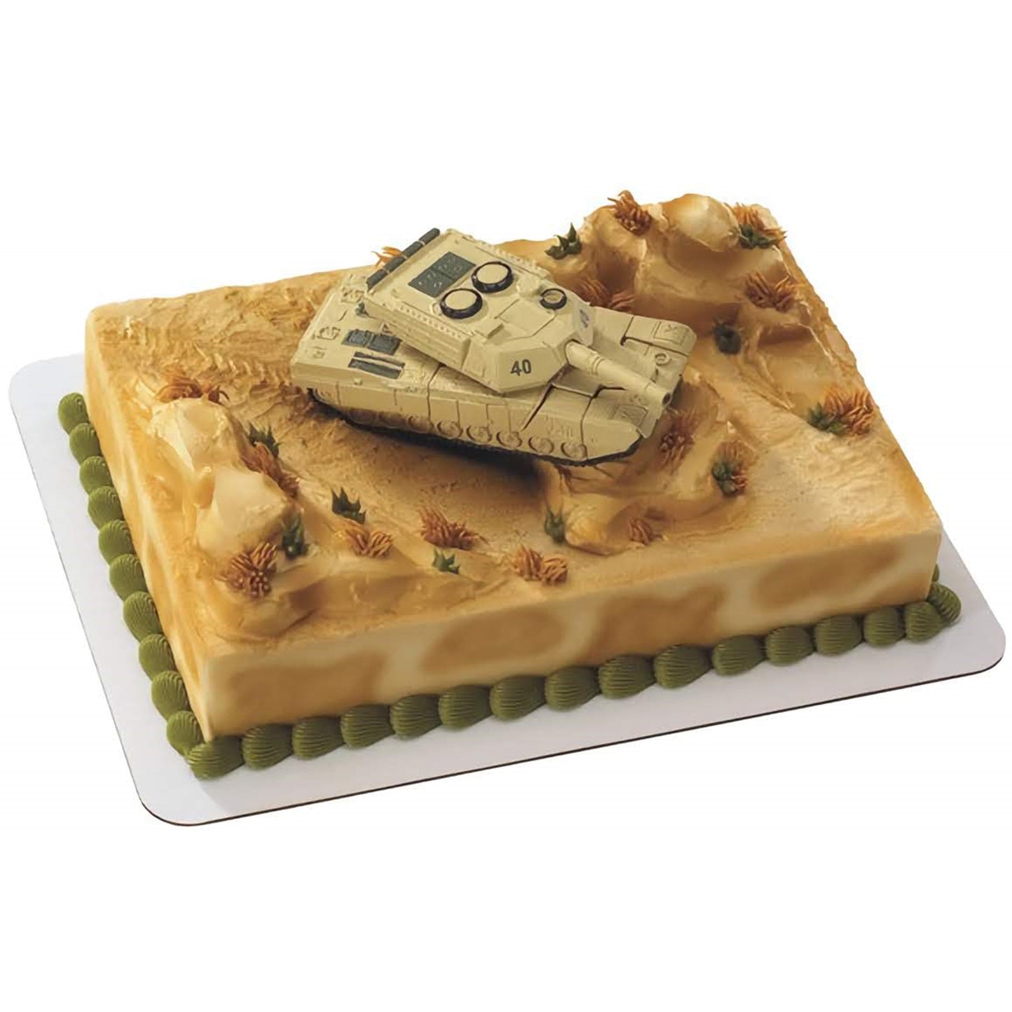 Realistic military tank cake topper set on a desert battlefield-themed sheet cake, complete with detailed tank treads, barrel, and desert flora. Perfect for military appreciation events or themed birthday parties.