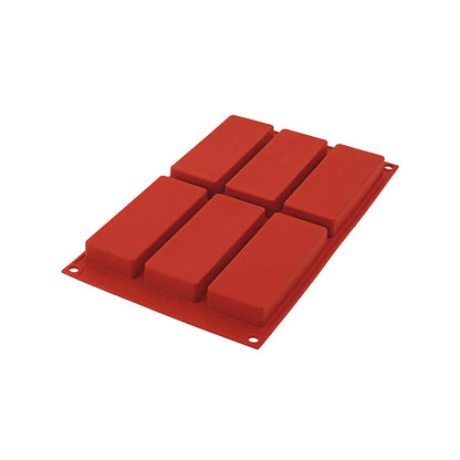 Red rectangular silicone mold with six evenly spaced individual cavities, designed for baking or freezing.