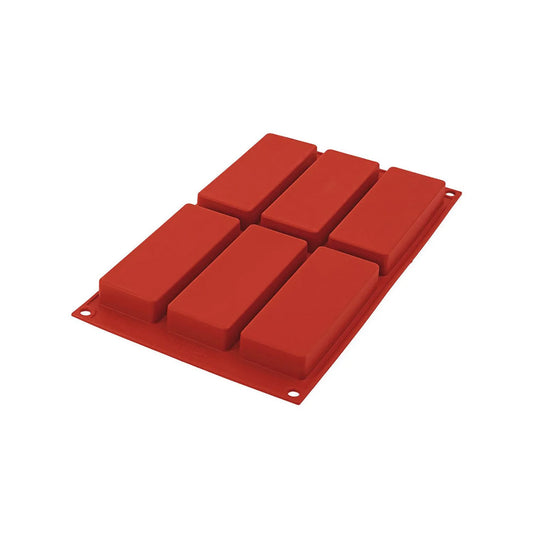 Red rectangular silicone mold with six evenly spaced individual cavities, designed for baking or freezing.