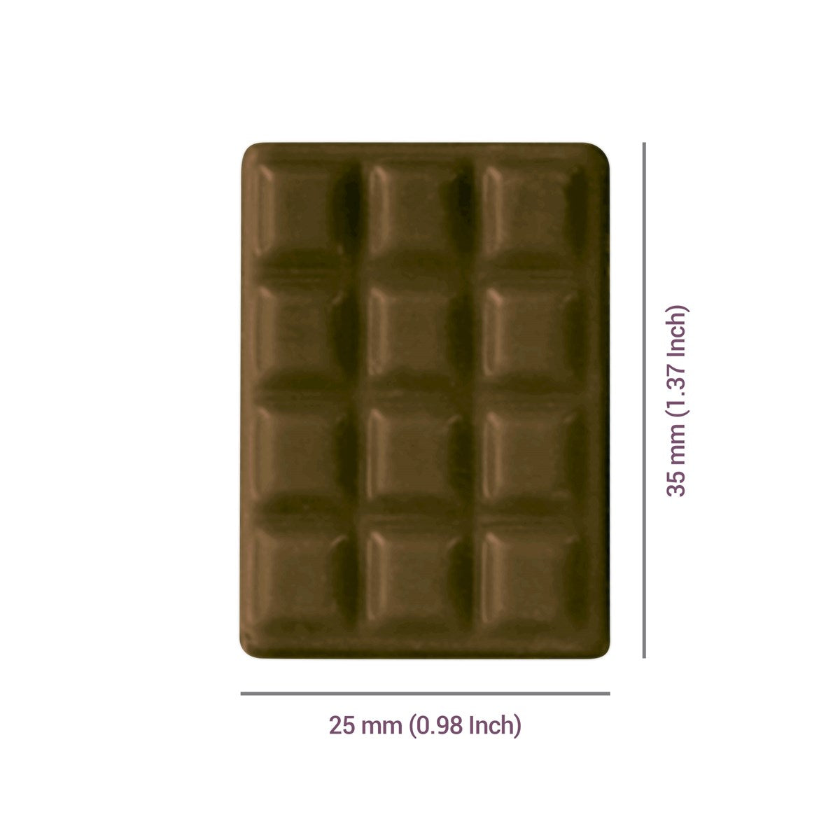 Mini chocolate bar showing dimensions of 35mm by 25mm, ideal for cake decorating.