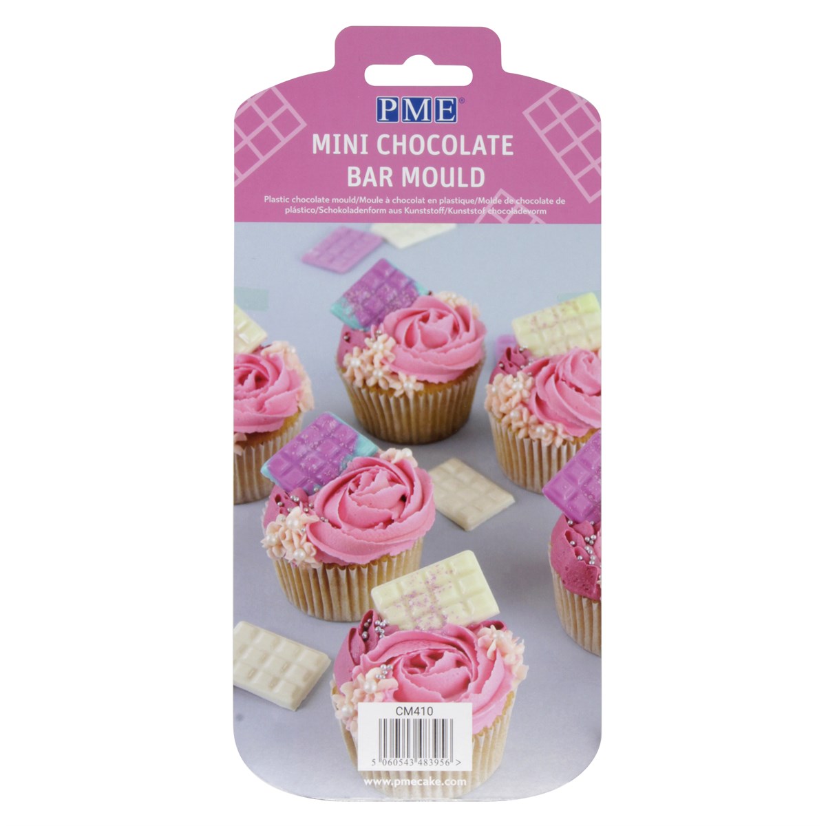 PME Mini Chocolate Bar Mold packaging showing cupcakes topped with small pastel-colored chocolate bars