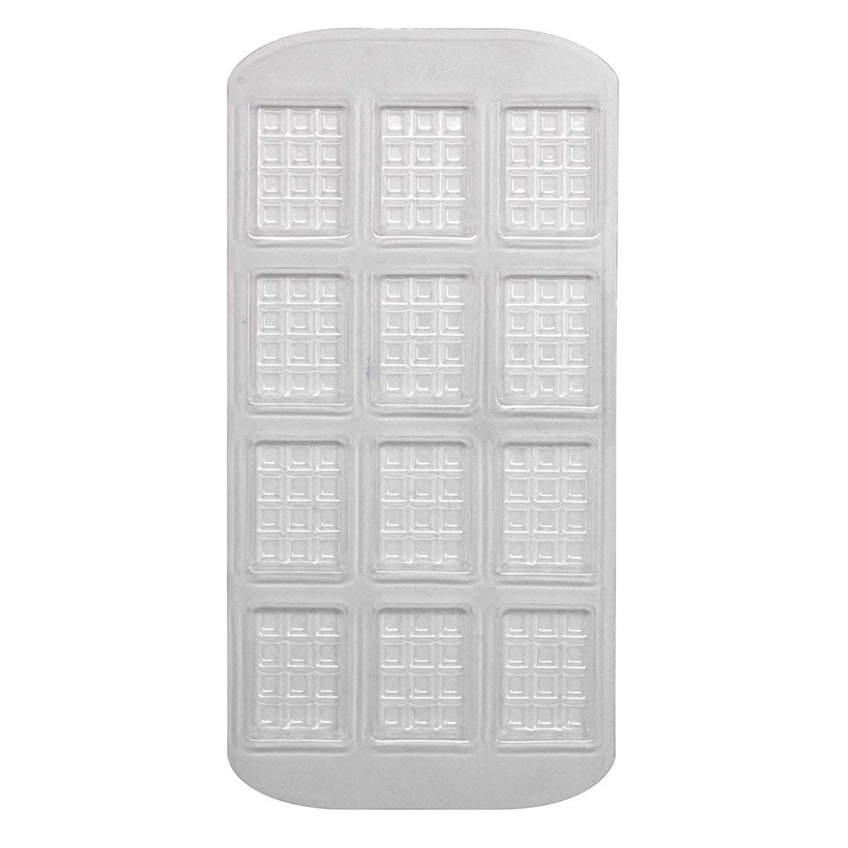 Clear plastic mold tray with 12 cavities for mini chocolate bar shapes