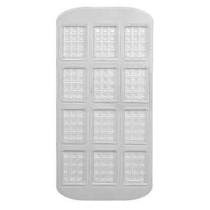 Clear plastic mold tray with 12 cavities for mini chocolate bar shapes