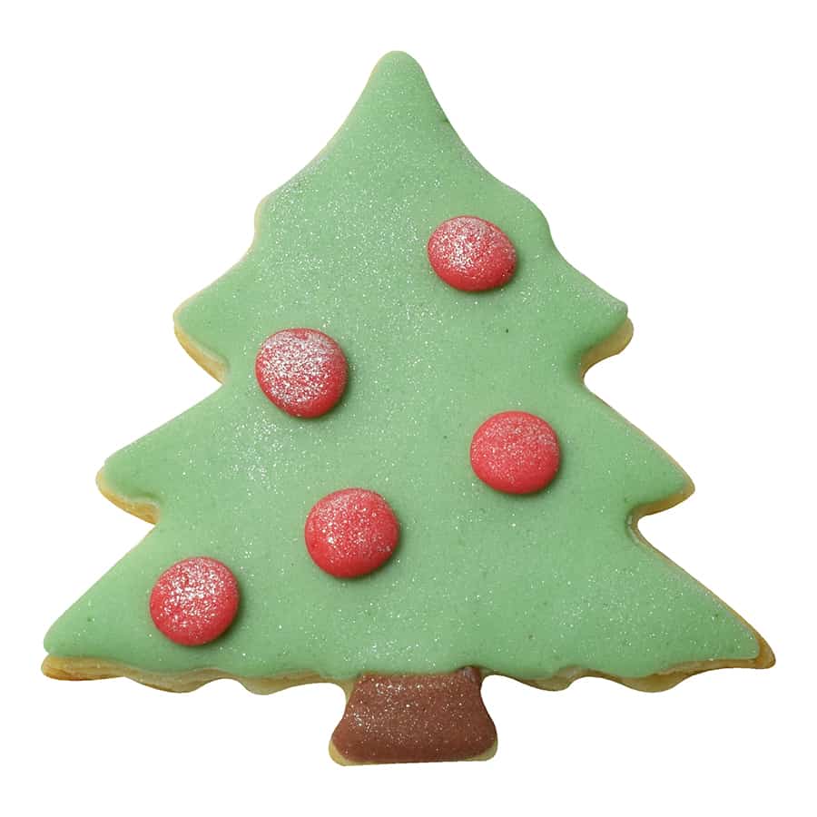 Mini Christmas tree cookie decorated with green frosting and red ornaments, made using the Mini Christmas Tree cookie cutter.