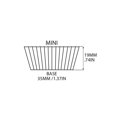 Diagram of mini cupcake baking cup with measurements showing 1.37-inch base diameter and 0.74-inch height.
