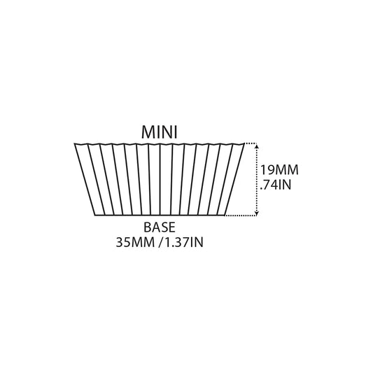 Diagram of mini cupcake baking cup with measurements showing 1.37-inch base diameter and 0.74-inch height.

