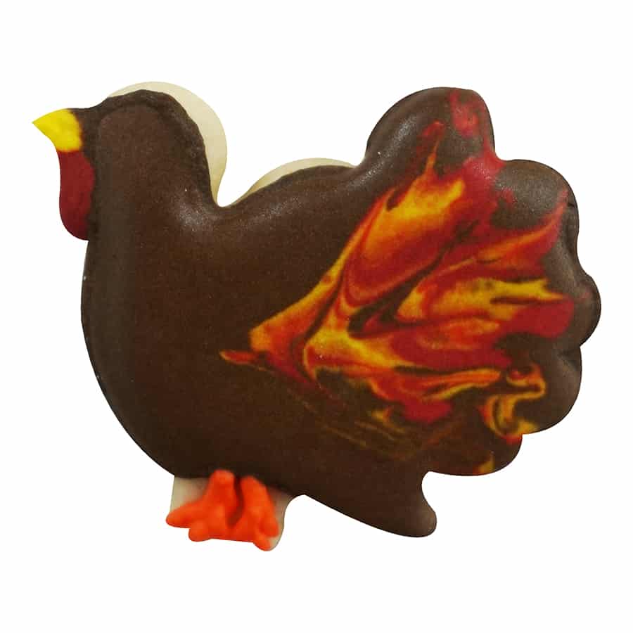 Decorated turkey-shaped cookie with brown icing and vibrant orange and red feather details.