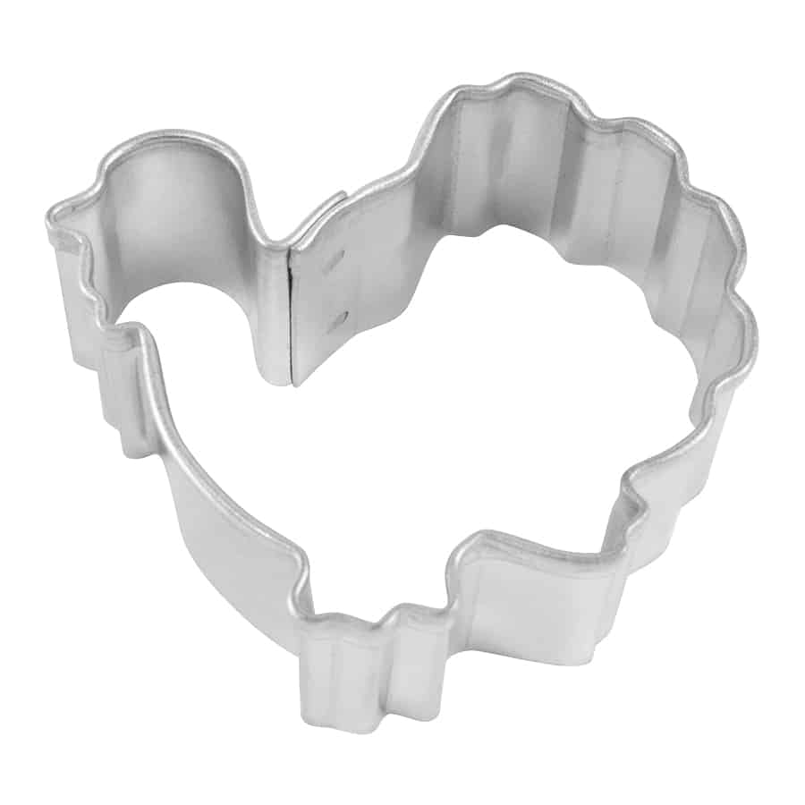 Mini turkey-shaped cookie cutter made of tinplated steel, top-down view.