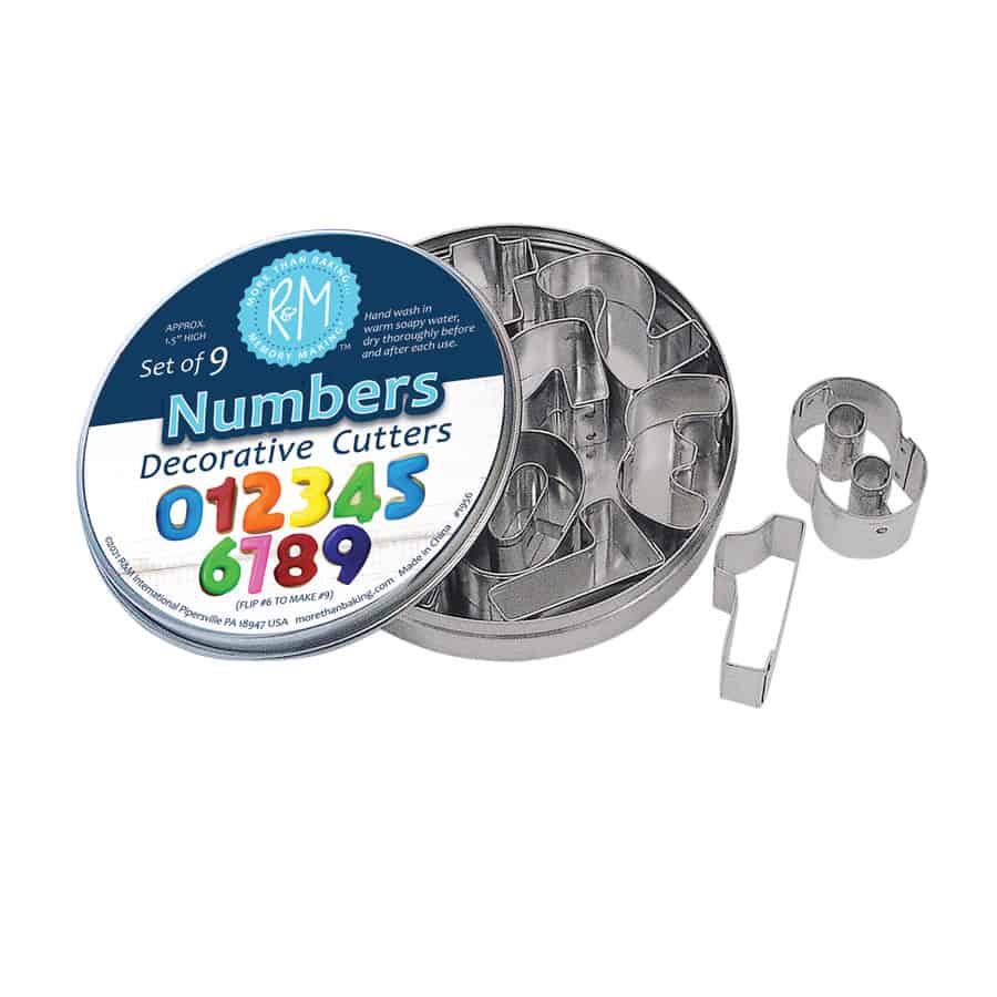 Mini numbers cookie cutter set in a round tin, with nine tinplate steel cutters.