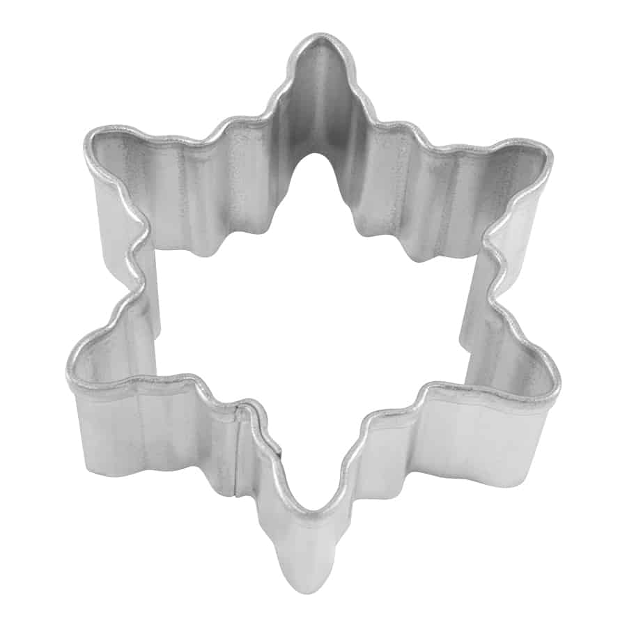 Metal 1.5-inch mini snowflake cookie cutter with intricate design for festive baking and crafting.