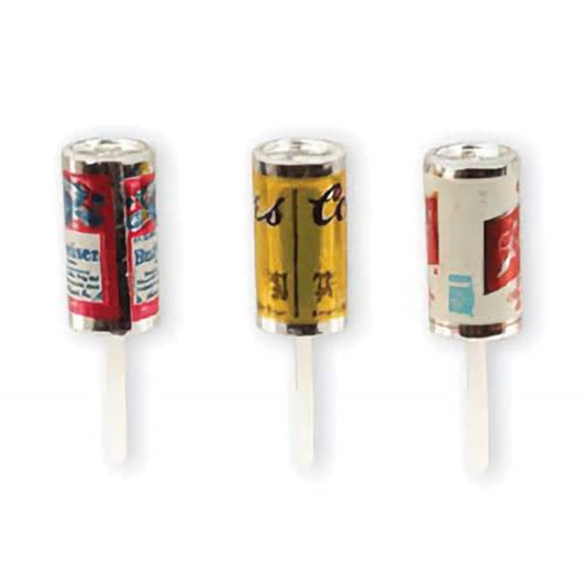 Mini beer can cupcake picks in assorted designs, resembling popular beer brand cans, perfect for garnishing cupcakes for an adult birthday party or a celebratory event. Available at Lynn's Cake, Candy, and Chocolate Supplies, these picks add a fun and quirky touch.