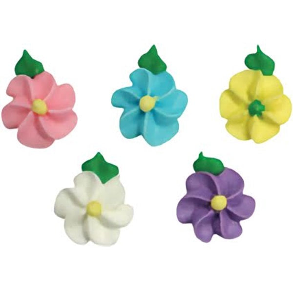 A collection of royal icing flowers in soft pastel shades, each with a contrasting yellow center and green leaf detail, perfect for elegant cake embellishments.