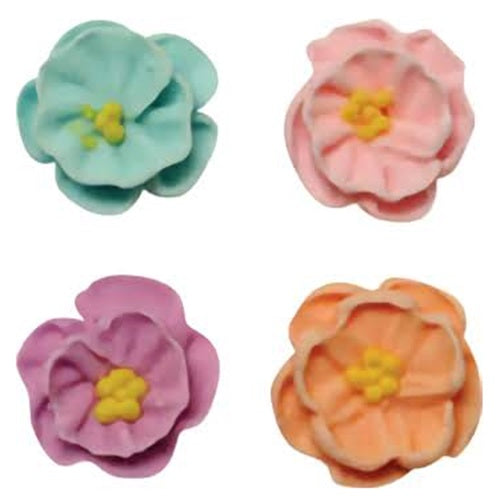 Vibrant royal icing flower assortment featuring bold colors with distinct petal designs and central detailing, suitable for brightening up any dessert.