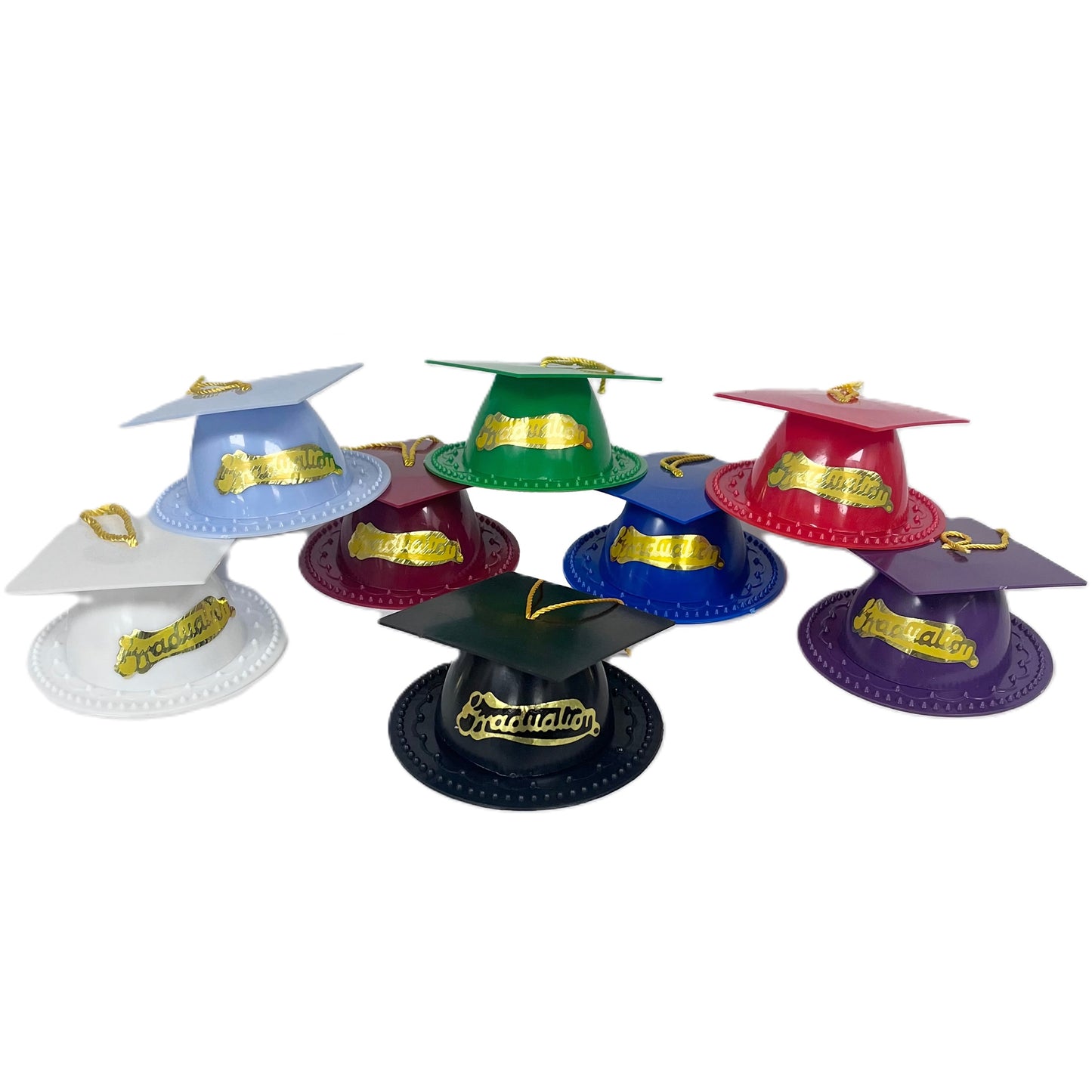 Colorful mini graduation hat cake toppers with 'Graduation' written on the brim in gold, available in multiple colors for diverse graduation party themes.