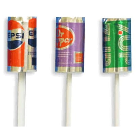 Mini pop can cupcake toppers, featuring replicas of popular soda brands, perfect for party themes or as fun edible decorations for baking enthusiasts.