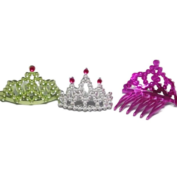 Pack of three mini tiara cupcake picks in assorted colors, perfect for dressing up cupcakes for a princess party, available at Lynn's Cake, Candy, and Chocolate Supplies.