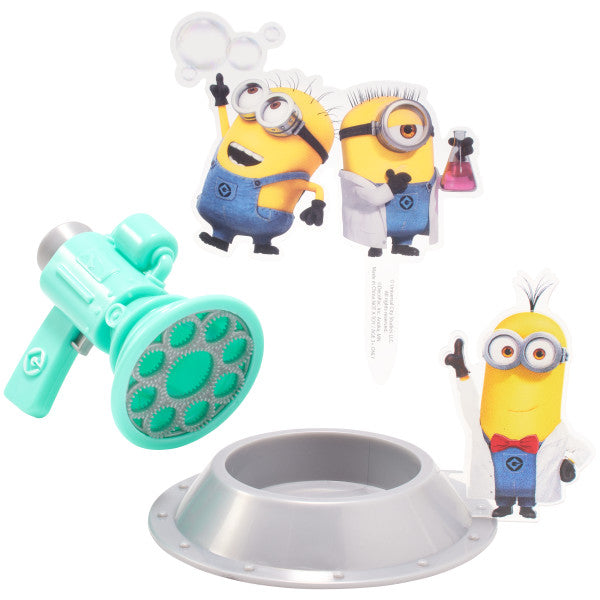 A Minions-themed DecoSet featuring a teal Fart Bubble Blaster, a silver base, and three Minion character toppers.