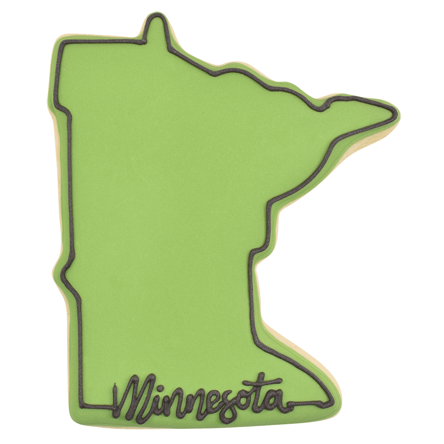 Green Minnesota state cookie with black icing outline and 'Minnesota' script, decorated with the Minnesota state cookie cutter.