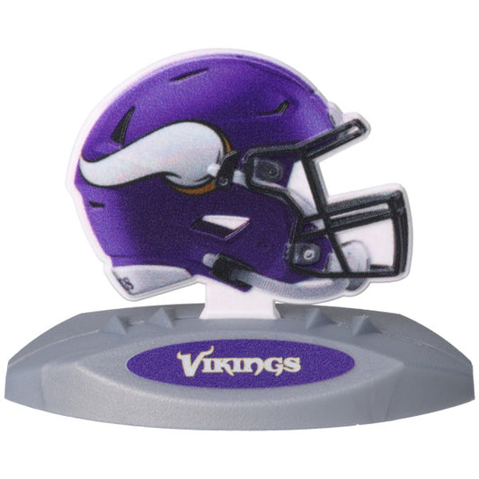 A purple Minnesota Vikings football helmet on a gray display base with the team name.