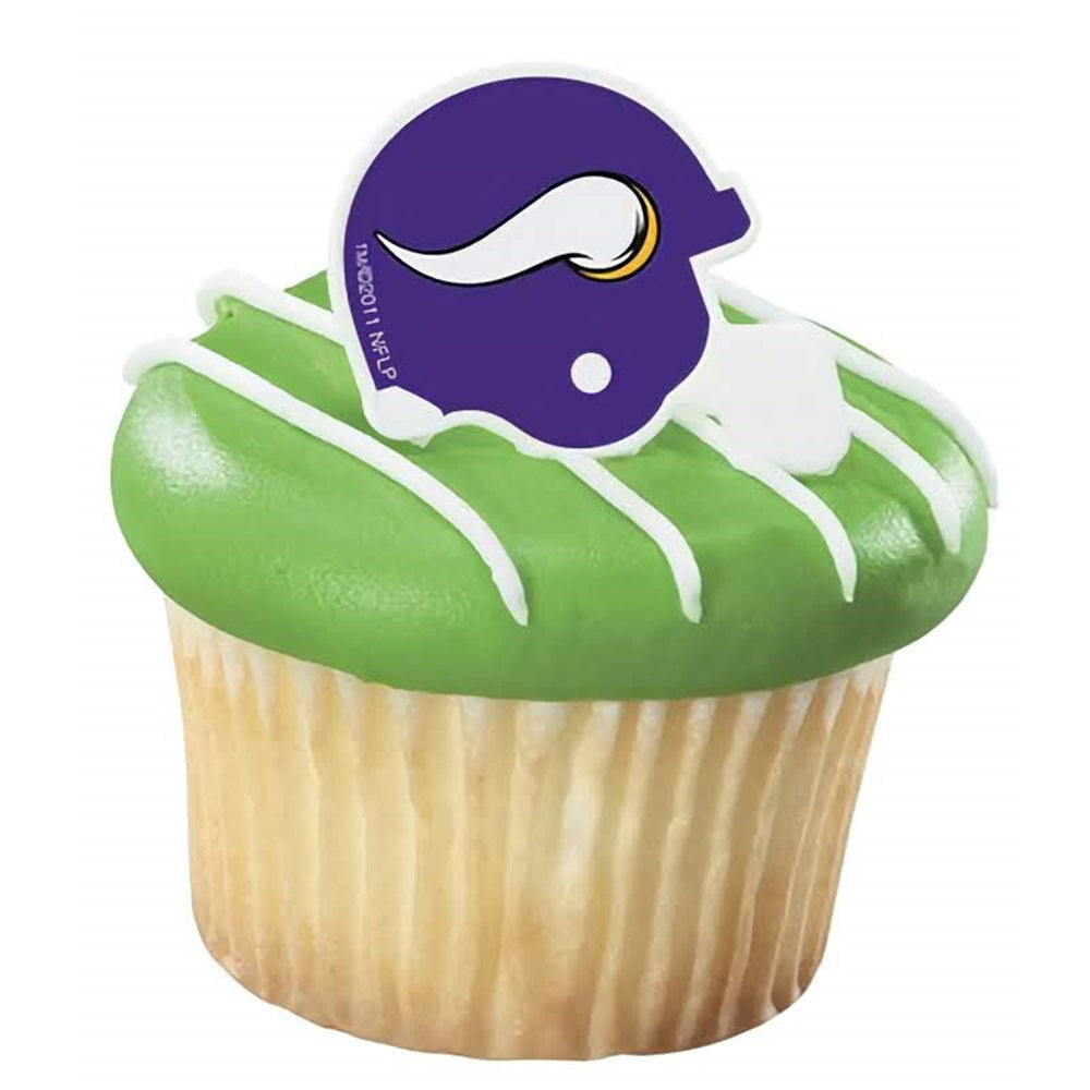 Minnesota Vikings helmet cupcake rings, six-pack, showcasing the iconic purple and gold design, ideal for NFL game day treats and fan celebrations.