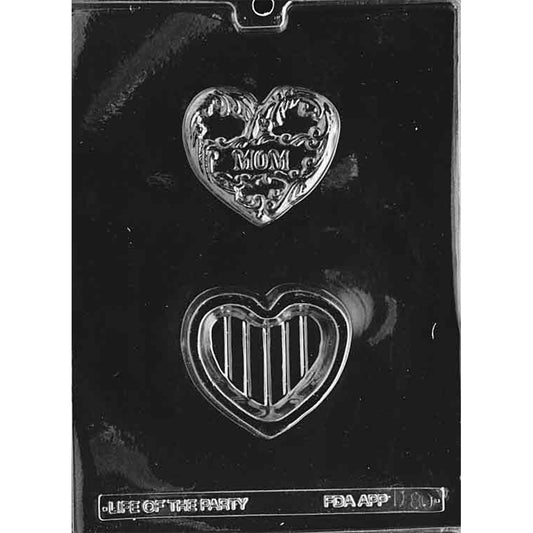 Clear plastic chocolate mold for a heart-shaped pour box with a decorative “Mom” heart lid and matching heart base.